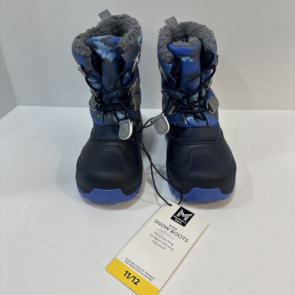 Members Mark Kids Snow Boots Size 11/12 Blue Camo Winter Lined Warm READ